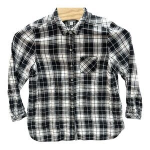 J Jill Top Womens L Shirt Black Plaid Button Up Trim‎ Long Sleeve Double Layer